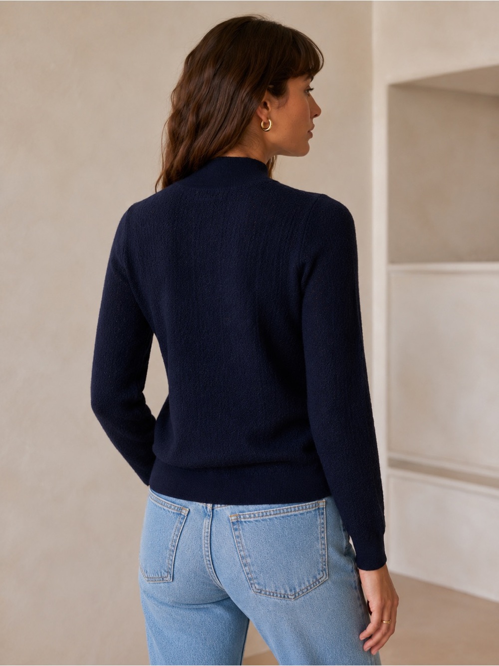 Sezane Anneli Sweater 100% Merino Wool Navy Lace-Inset Mockneck Pointelle Knit M - Picture 4 of 13